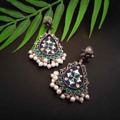 Handpainted Drop Floral Earrings - Navy Blue