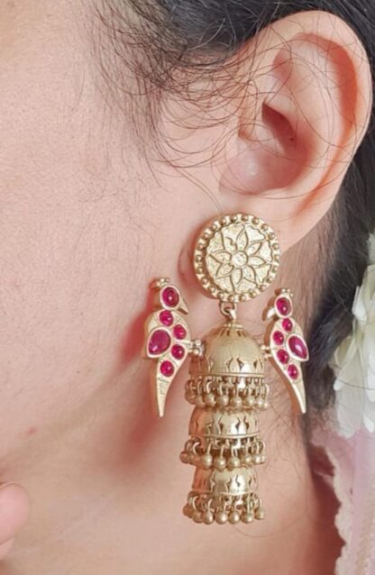 Triple layered chidiya jhumkis - 5 - Image 3